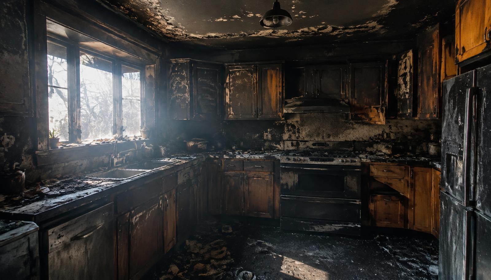 Kitchen interior with soot-covered cabinets and ceiling after a house fire