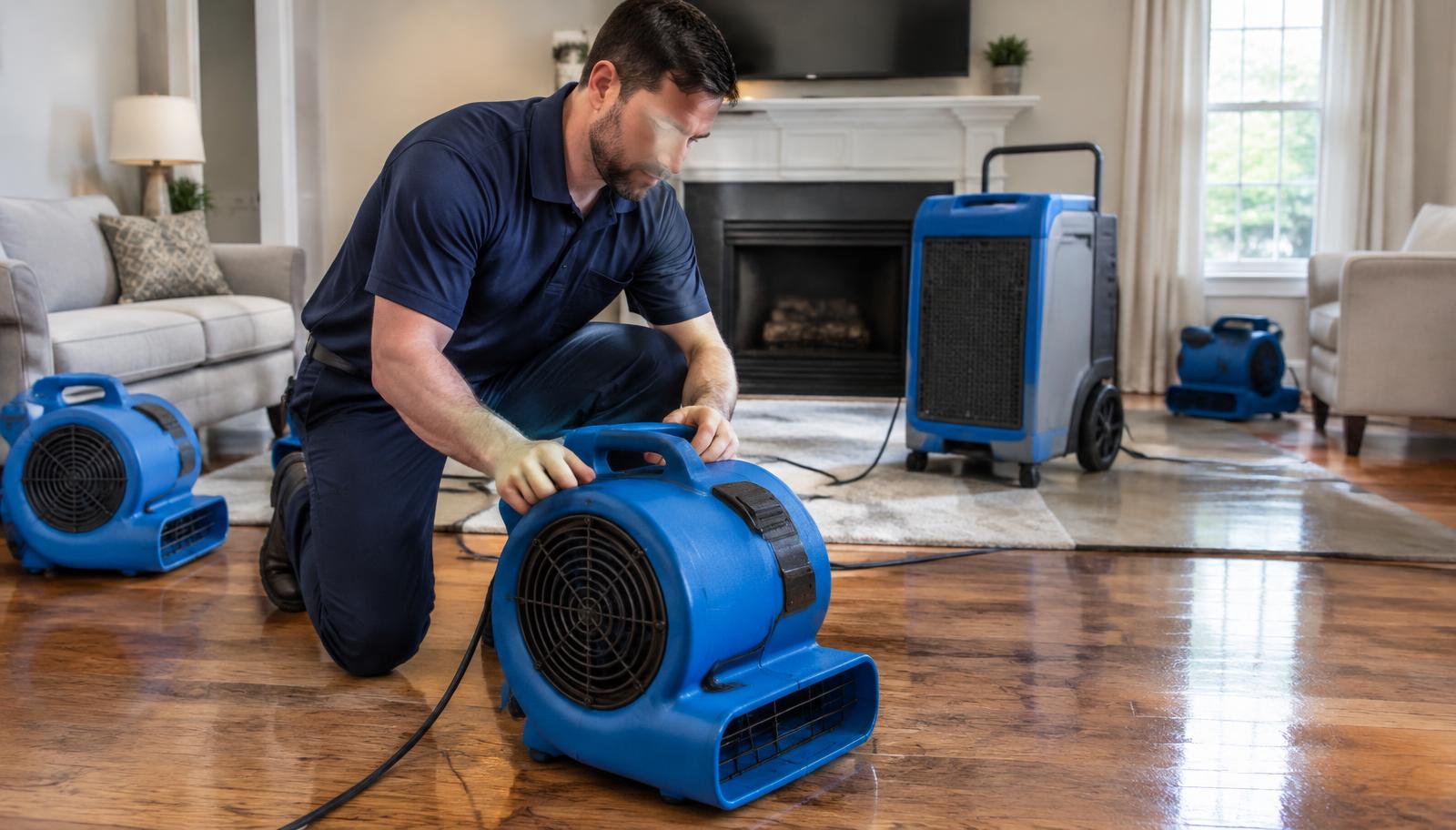 Certified restoration technician setting up air movers and a dehumidifier in a living room