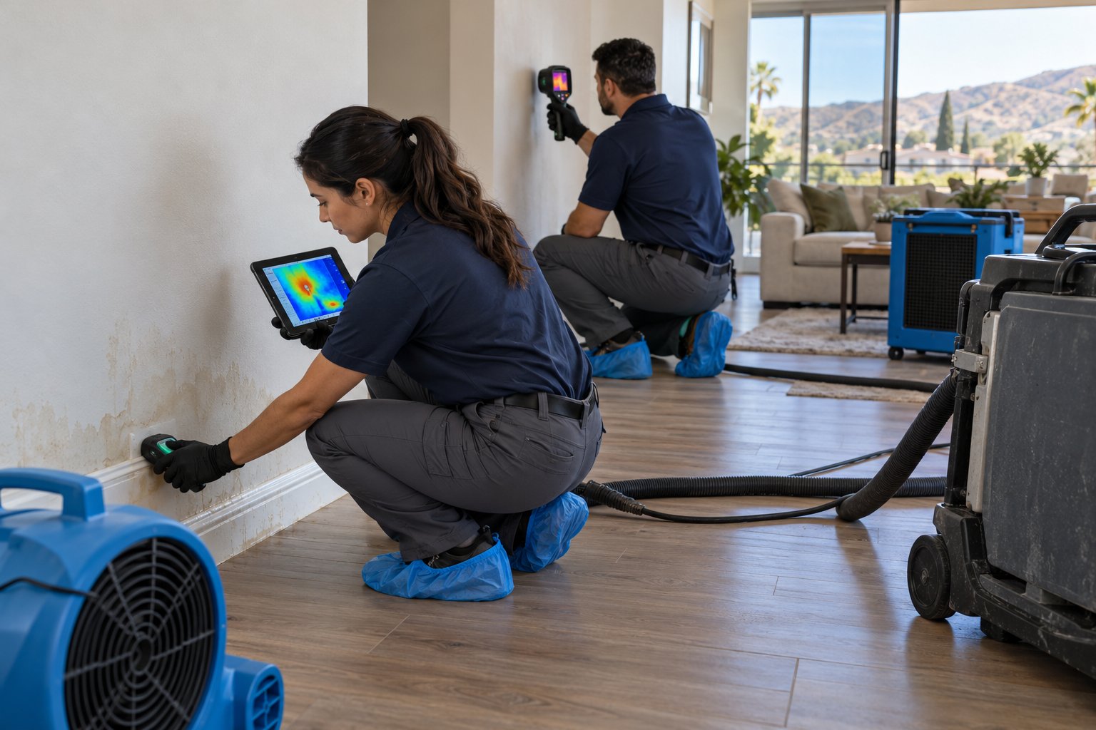 Restoration technicians mapping moisture in a water-damaged wall at a Simi Valley home.
