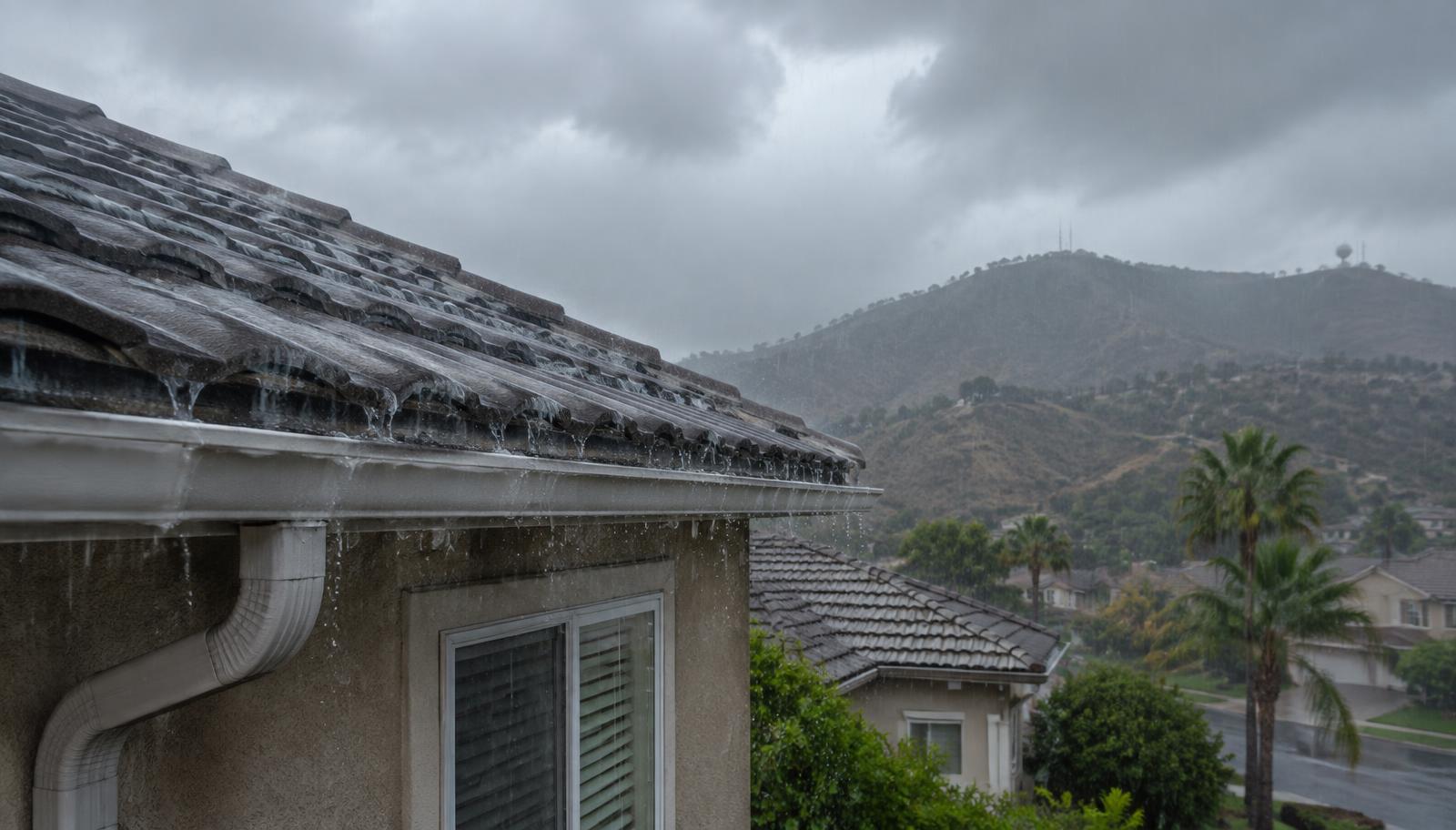 Rain pouring off a tile roof and gutter of a Simi Valley home with hills in the background