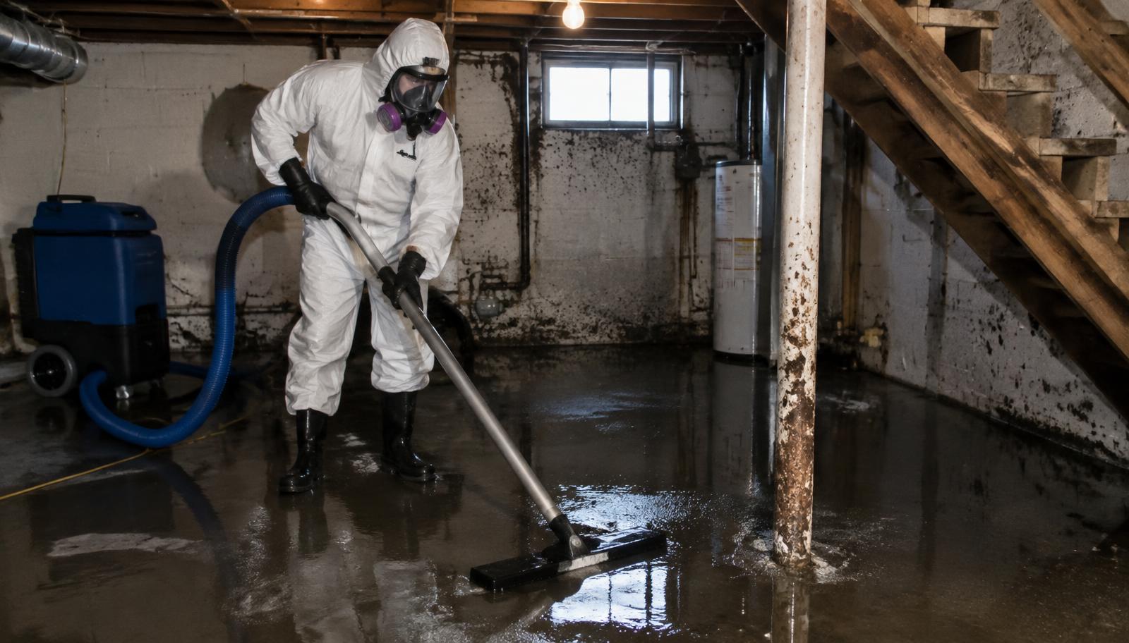 Restoration technician in a protective suit and respirator cleaning up after a sewage backup