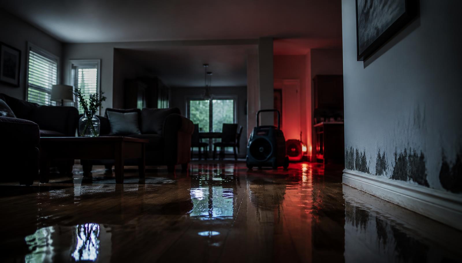 Standing water across a hardwood living room floor with a drying air mover and water-stained wall